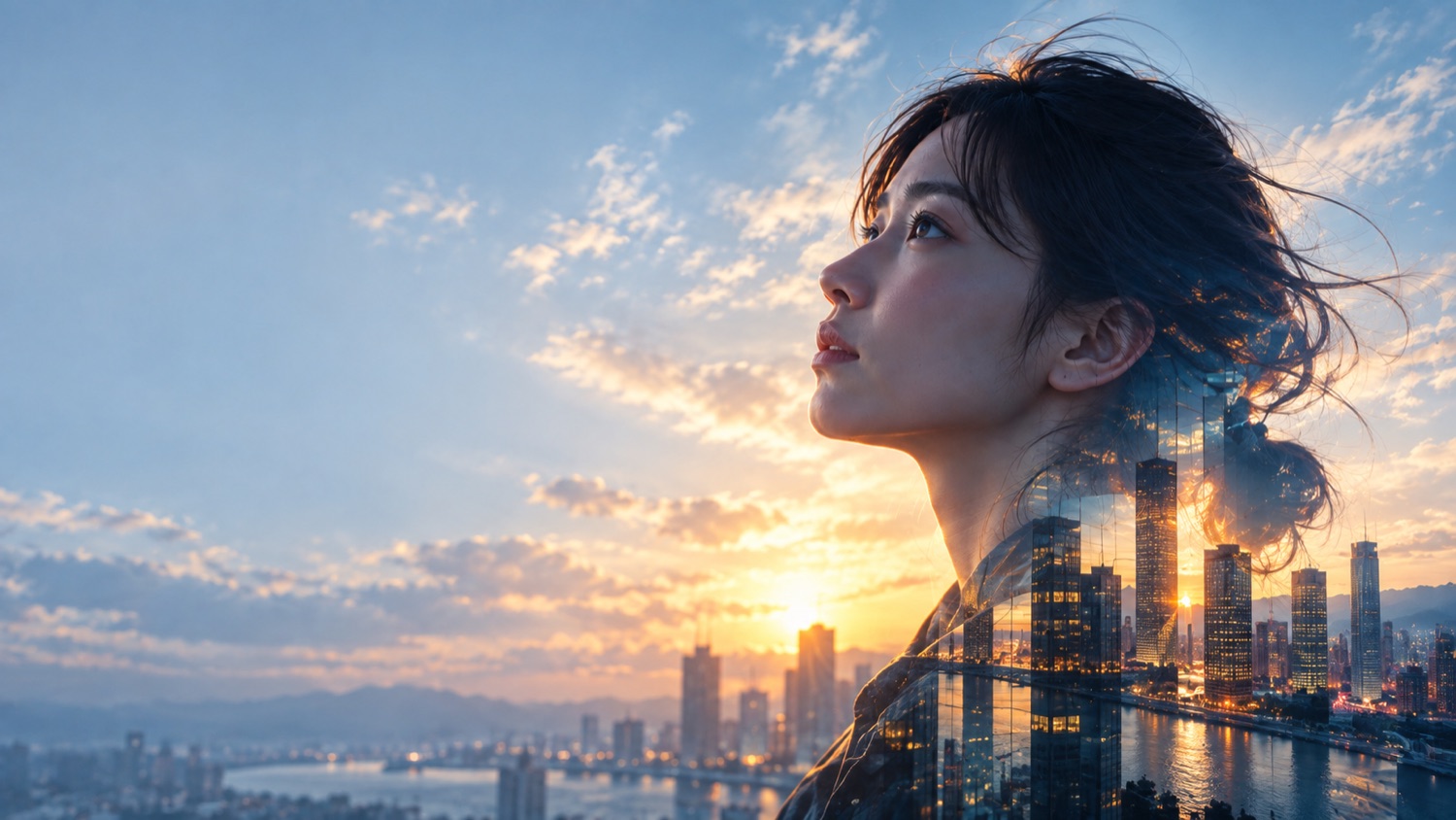 明るい空を見上げる女性の横顔と、街の光を重ねたイメージ。